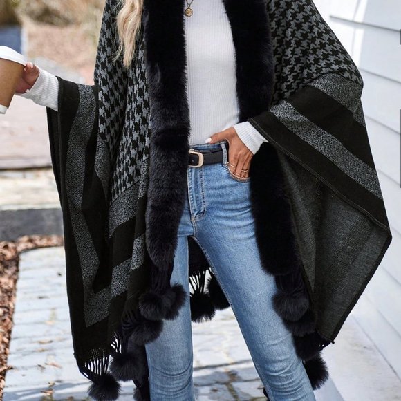 Black Preppy Womens Houndstooth Pattern Pom Pom Decor Fringe Hem Cape Cardigan - Picture 4 of 5